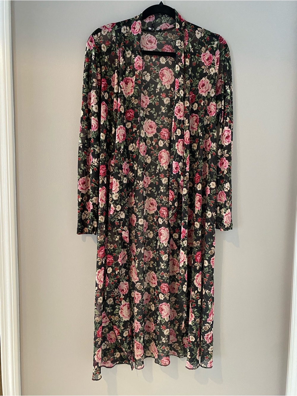 Floral Sheer Duster Cardigan - Pink Rose on Black